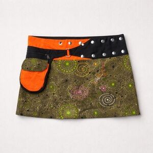 Festival Hippie Wrap Mini Skirt. Snap Button Waist Attached Fanny Pack. Waist 34